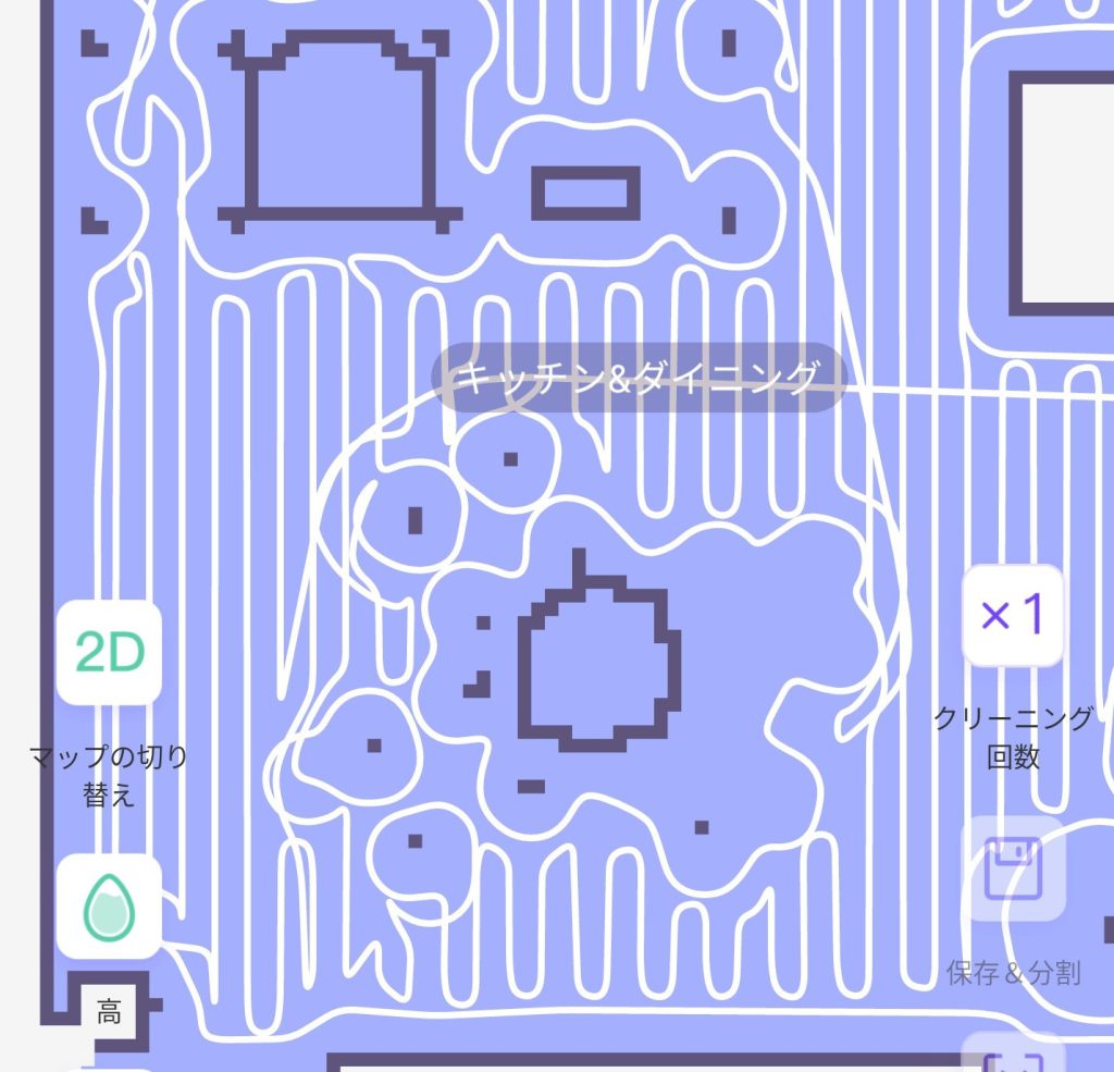 掃除レポートでは、白い線がロボット掃除機の軌道
